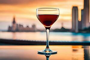 un vaso de vino en un mesa en frente de un ciudad horizonte. generado por ai foto