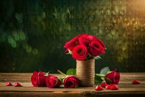 roses in a vase on a wooden table. AI-Generated photo