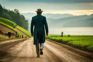 a man in a suit walks down a dirt road. AI-Generated photo