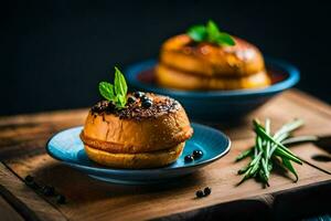 two small buns on plates with herbs. AI-Generated photo
