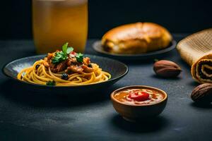 spaghetti with meat and sauce on a black table. AI-Generated photo