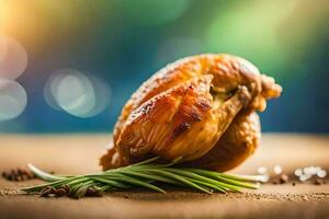 a chicken is sitting on a wooden table with rosemary. AI-Generated photo