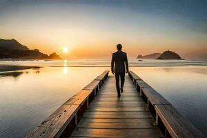 a man in a suit walks on a wooden pier at sunset. AI-Generated photo