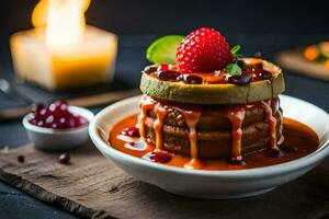 a plate of pancakes with sauce and berries. AI-Generated photo