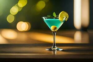 blue cocktail with lemon and mint on a wooden table. AI-Generated photo