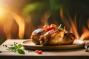 un pollo en un de madera plato con un cuchillo y tenedor. generado por ai foto