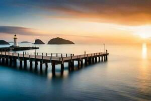 un muelle con un faro a puesta de sol. generado por ai foto