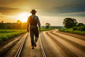 a man walking on the railroad tracks at sunset. AI-Generated photo