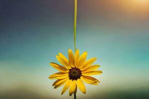 a single yellow flower hanging from a string. AI-Generated photo