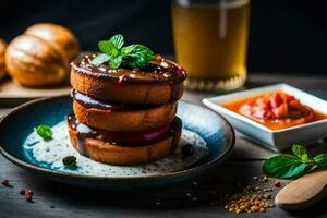 a stack of pancakes on a plate with a glass of beer. AI-Generated photo