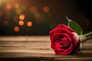 a single red rose on a wooden table. AI-Generated photo