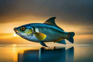 un pescado es mostrado en el puesta de sol. generado por ai foto