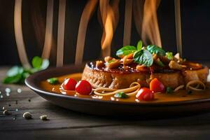 un plato con comida en parte superior de un de madera mesa. generado por ai foto