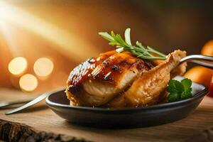 a chicken is served on a plate with a fork. AI-Generated photo