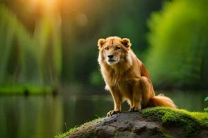 photo wallpaper the sun, water, grass, animal, lion, animal, nature, animal,. AI-Generated