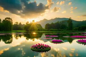 pink flowers in a lake at sunset. AI-Generated photo