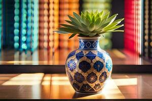 a vase with a succulent plant sitting on a table. AI-Generated photo