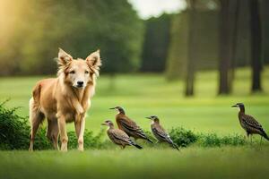 a dog and birds in a field. AI-Generated photo