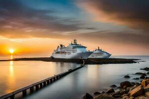 dos crucero buques atracado a el final de un muelle. generado por ai foto