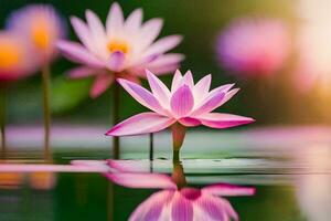 pink lotus flower in water with sun shining. AI-Generated photo