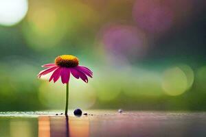 a single pink flower is standing in the water. AI-Generated photo