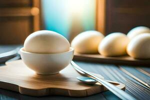 eggs in a bowl on a cutting board. AI-Generated photo
