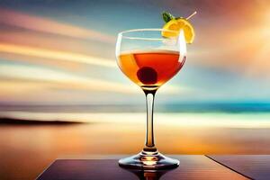 a cocktail on a table with the ocean in the background. AI-Generated photo