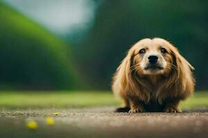 a dog sitting on the ground with a green background. AI-Generated photo