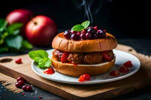 a hamburger with apples and mint on a plate. AI-Generated photo