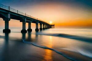 a long exposure photograph of a pier at sunset. AI-Generated photo