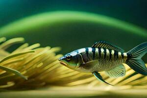 a fish in an aquarium with green plants. AI-Generated photo