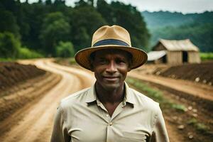 a man in a hat standing on a dirt road. AI-Generated photo