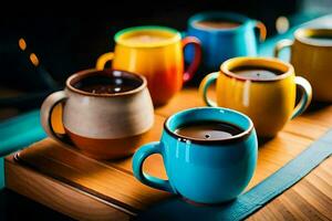 a group of colorful coffee cups on a wooden tray. AI-Generated photo