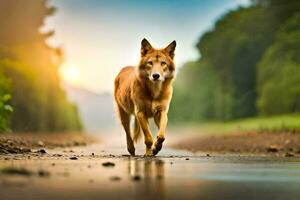 a red wolf walking across a wet road. AI-Generated photo