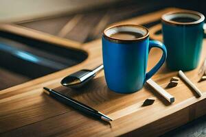 two blue coffee cups sit on a wooden cutting board. AI-Generated photo