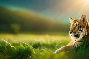 a tiger is sitting in the grass. AI-Generated photo