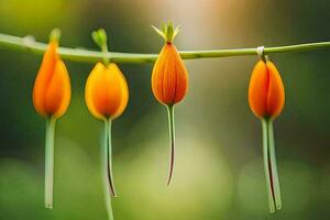 four orange flowers hang from a branch. AI-Generated photo