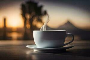 a cup of coffee on a table with a view of the sunset. AI-Generated photo