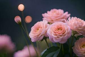 pink roses are in a vase with a blurred background. AI-Generated photo