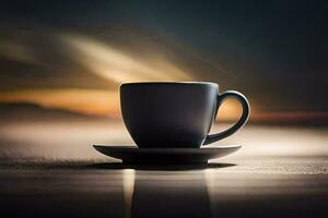 a cup of coffee on a table in front of a sunset. AI-Generated photo