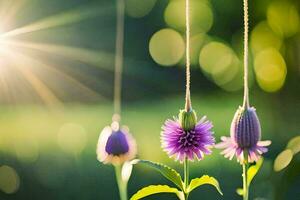 purple flowers hanging from strings in the sun. AI-Generated photo