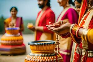 indio Boda ceremonia con personas en tradicional atuendo. generado por ai foto