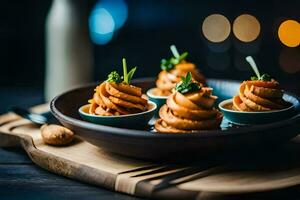 small bowls of food on a wooden table. AI-Generated photo