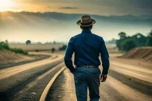 a man in a hat walks down a road. AI-Generated photo