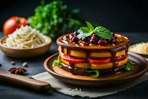 a cake with tomatoes and cheese on top. AI-Generated photo