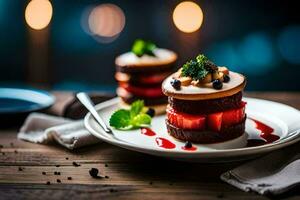 un plato con un pastel y fresas en él. generado por ai foto