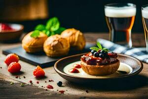 cerveza y comida en un de madera mesa. generado por ai foto