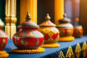 colorful vases are lined up on a table. AI-Generated photo