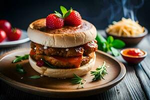 a hamburger with cheese, tomatoes and strawberries on a wooden plate. AI-Generated photo