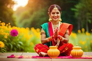 hermosa indio mujer en tradicional atuendo sentado en el suelo con ollas. generado por ai foto
